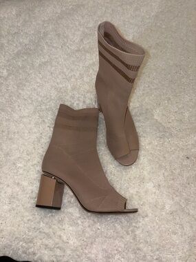 Alexander Wang Taupe Knit Peep-Toe Block Heel Sock Boots